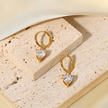 White Heart Cubic Zirconia Huggie Hoop Earrings - 18K Gold Plated