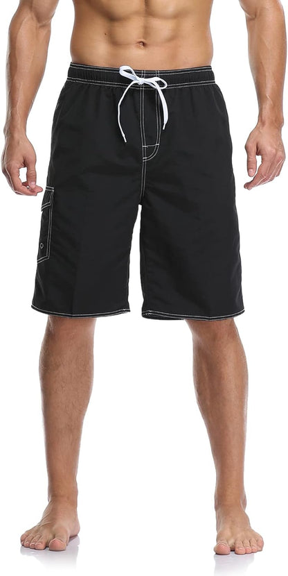 Mens Quick Dry Swim Trunks Striped Print Board Shorts with Mesh Lining