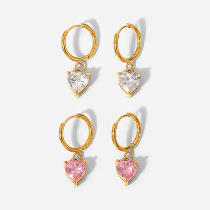 White Heart Cubic Zirconia Huggie Hoop Earrings - 18K Gold Plated